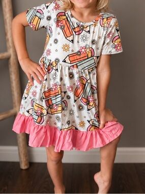 Girls' White Ice Cream Print Dress with Pink Ruffle